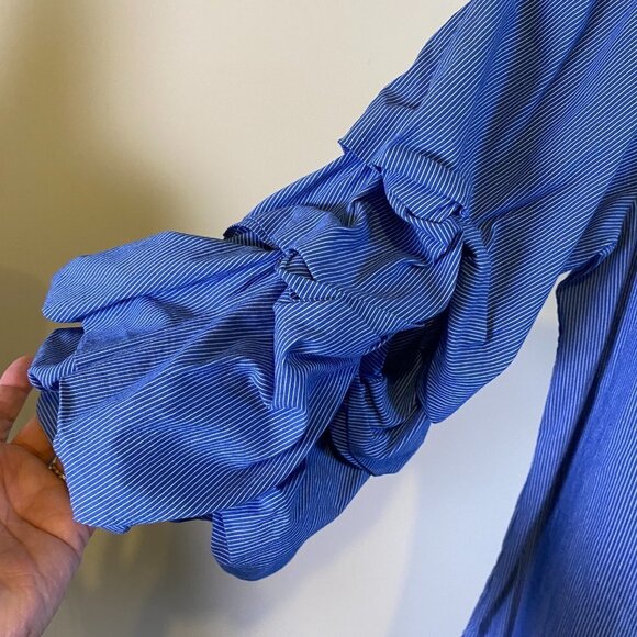 Zara Woman Blue Striped Puff Sleeves Off Shoulder Top - Picture 5 of 8